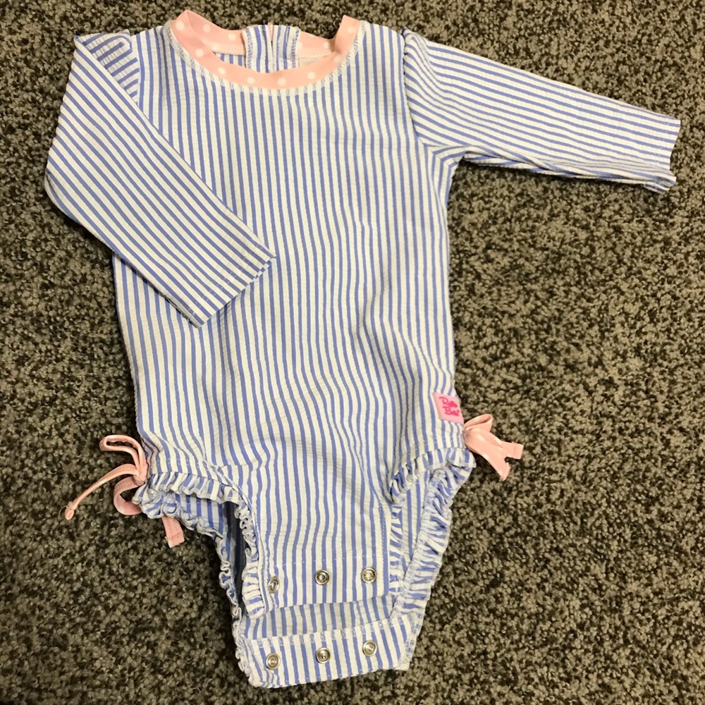 Rufflebutts Seersucker Blue/Pink baby bathing suit